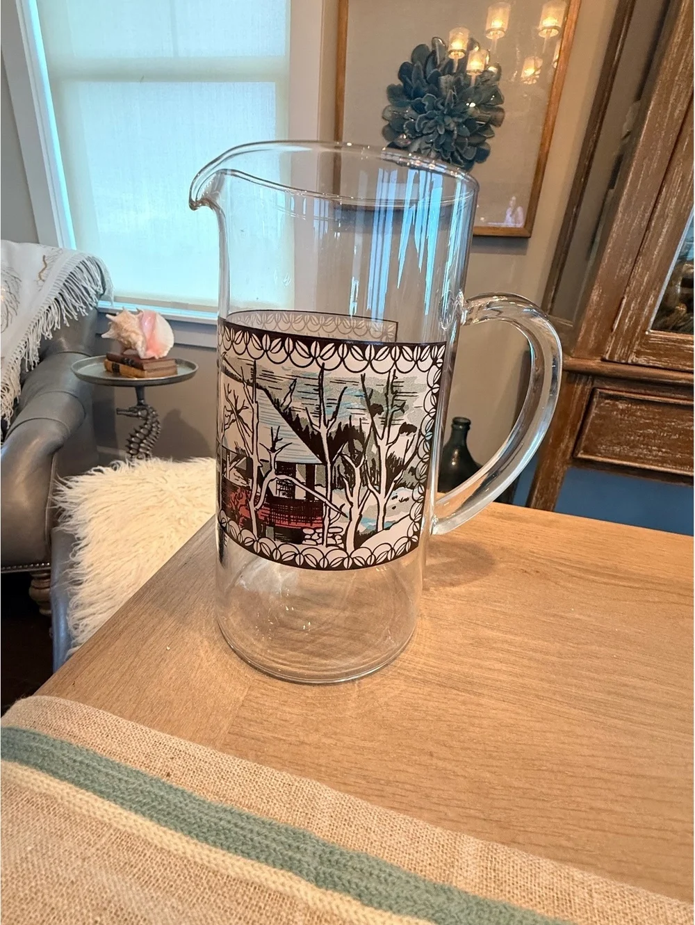 Vintage Glass Pitcher with Scenic 'Friendly Village' Design